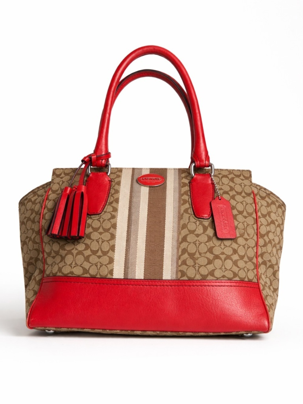 Coach Signature Stripe EastWest Satchel Shoulder Bag Khaki/Carnelia EUC